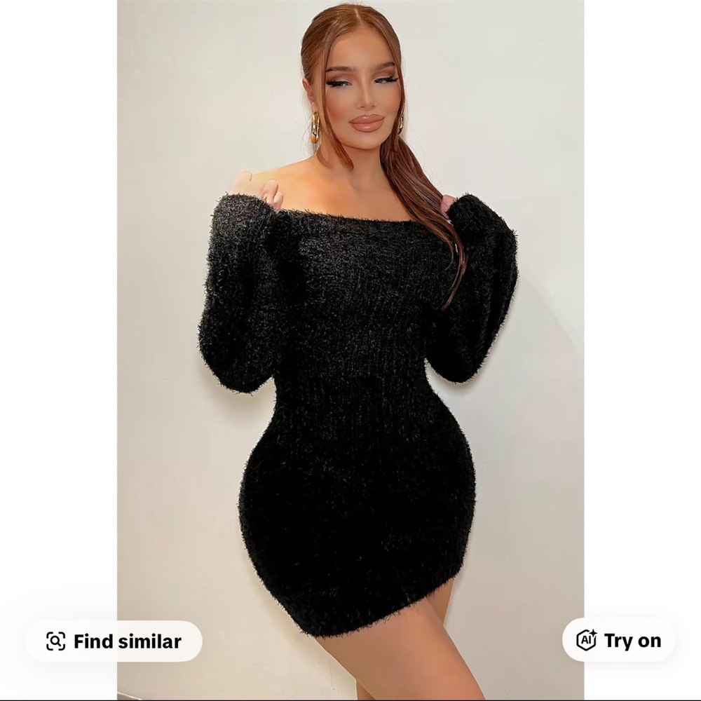 Fashion Nova Bella Off Shoulder Black Fuzzy Long Sleeve Dress